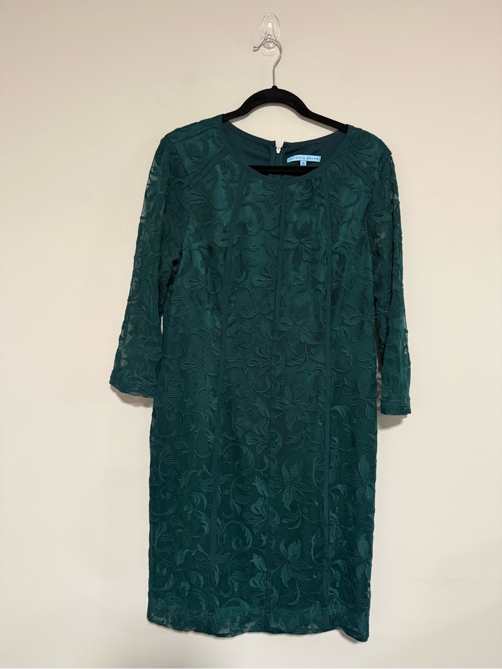 Antonio Melani Green Lace 3/4 Sleeve Sheath Dress Size 14 Holiday Party Event